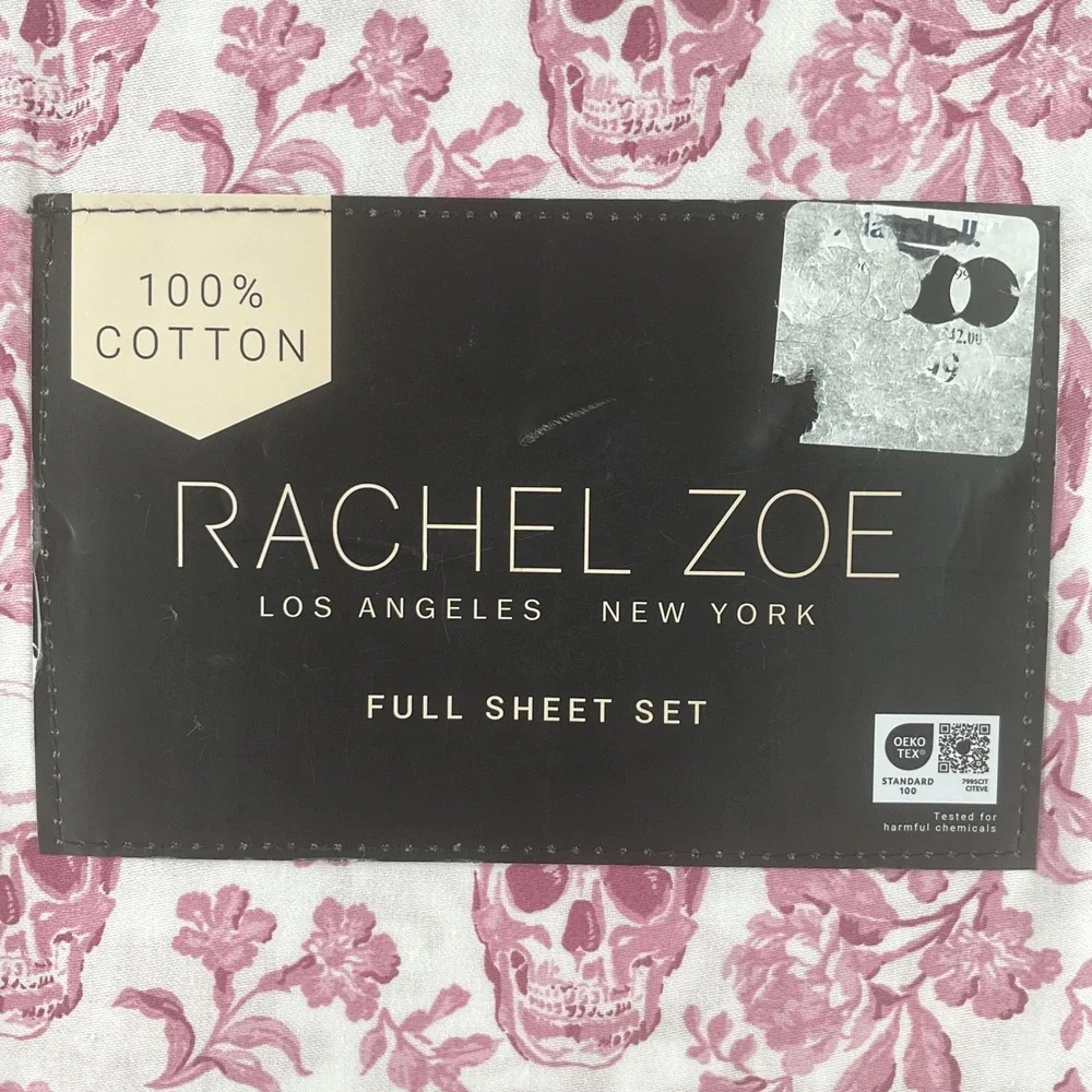 Rachel Zoe Full Sheet Set Pink Skull Floral Toile 100% Cotton 4pc Bedding New
